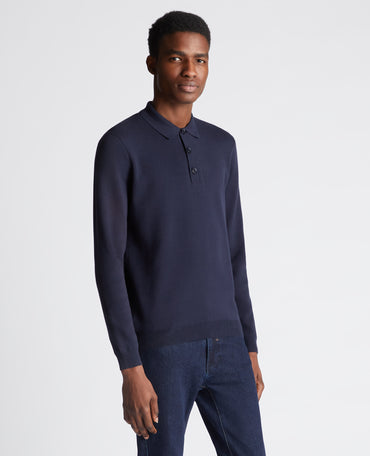 Long Sleeve Cotton Knit Polo ( In Navy )