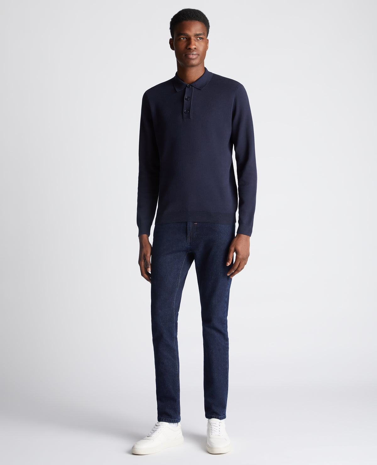 Long Sleeve Cotton Knit Polo ( In Navy )