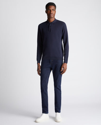 Long Sleeve Cotton Knit Polo ( In Navy )