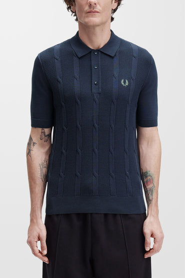 Textured Cable Knit K1313 Polo Shirt (in Navy)