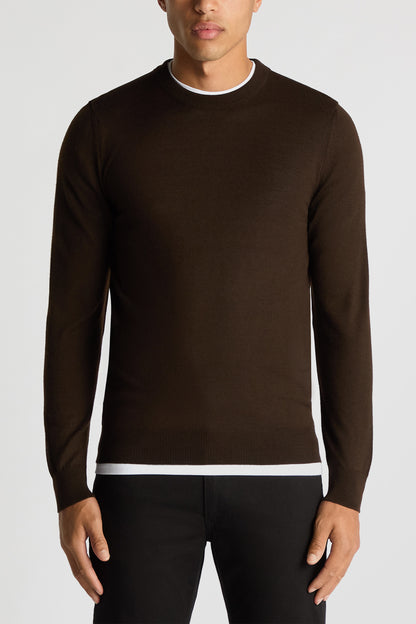 Tapered Fit Wool Blend Crew Neck Jumper (in Brown)