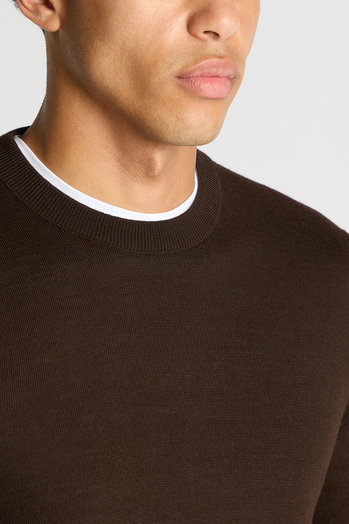 Tapered Fit Wool Blend Crew Neck Jumper (in Brown)