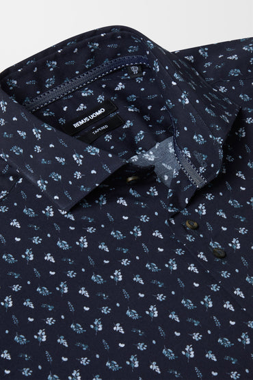 Small Floral Print Cotton Stretch Shirt (in Navy)
