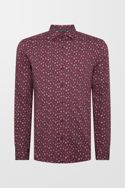 Small Floral Print Cotton Stretch Shirt (in Wine)