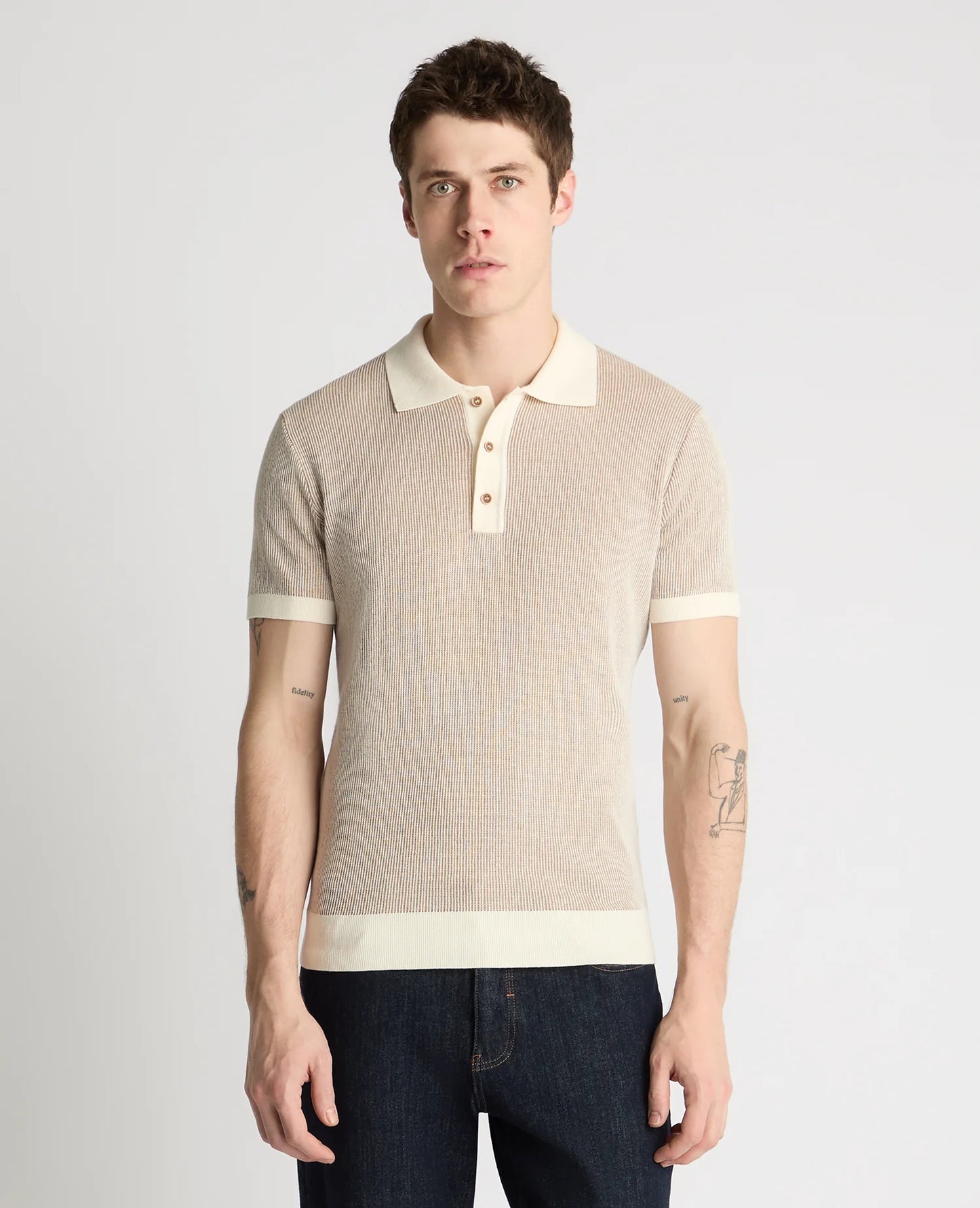 Textured Knit Short Sleeve Polo (Cream)