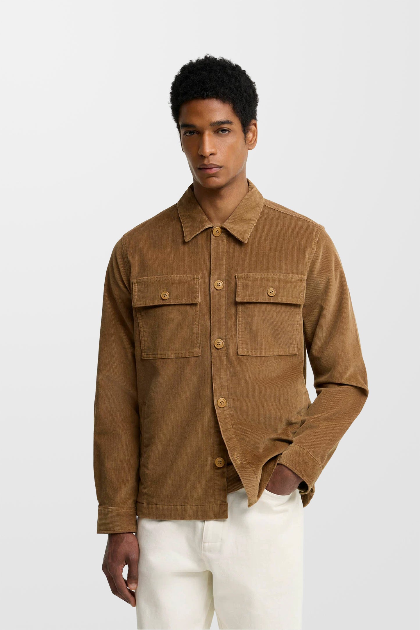 Tartan Trimmed Cord Overshirt ( In Sandstone )